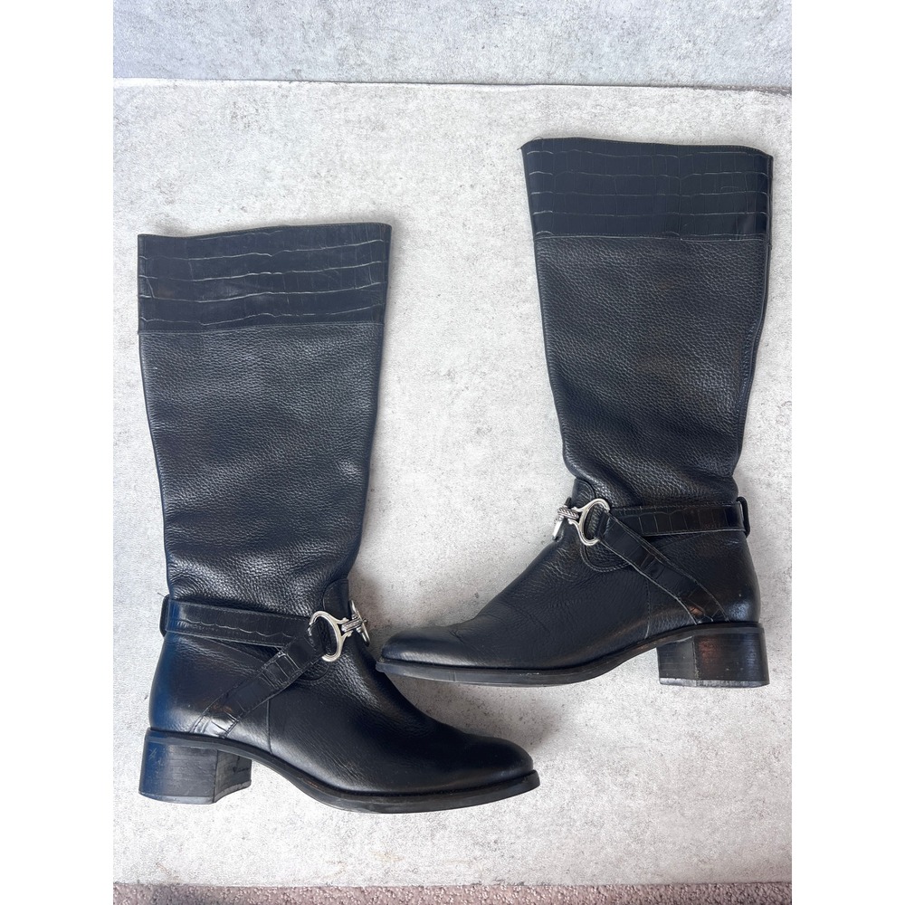 Brighton Tall Black Riding Boots Women 8M Jude Leather Croc Trim Harness Brazil